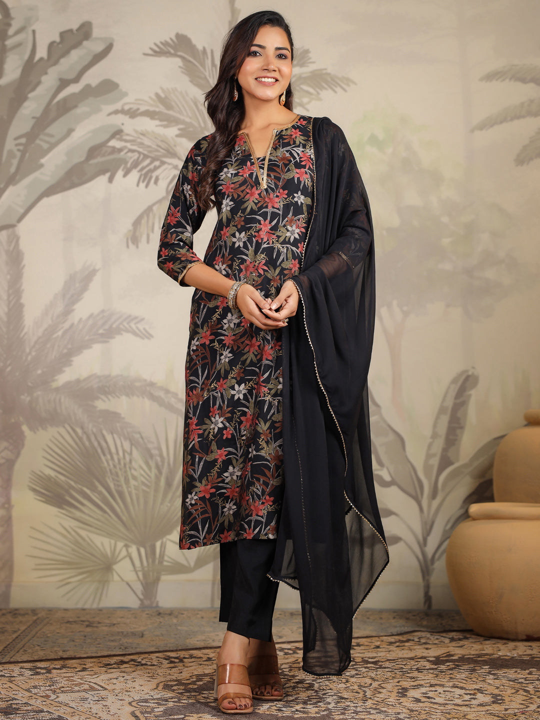 Black All-Over Chanderi Floral Straight Kurta Set