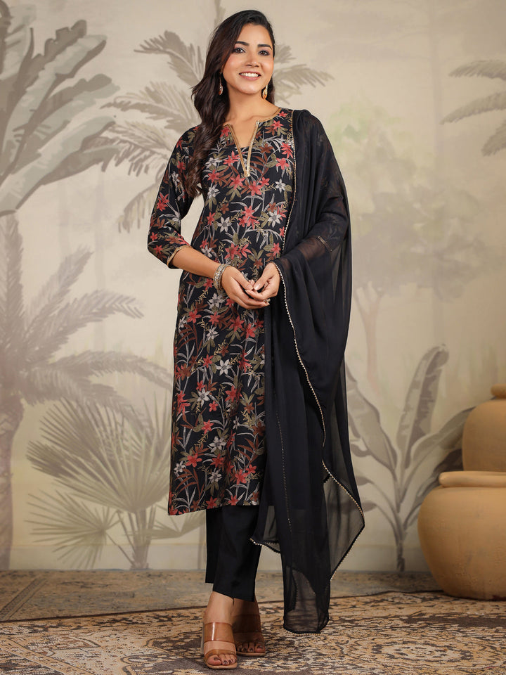 Black All-Over Chanderi Floral Straight Kurta Set