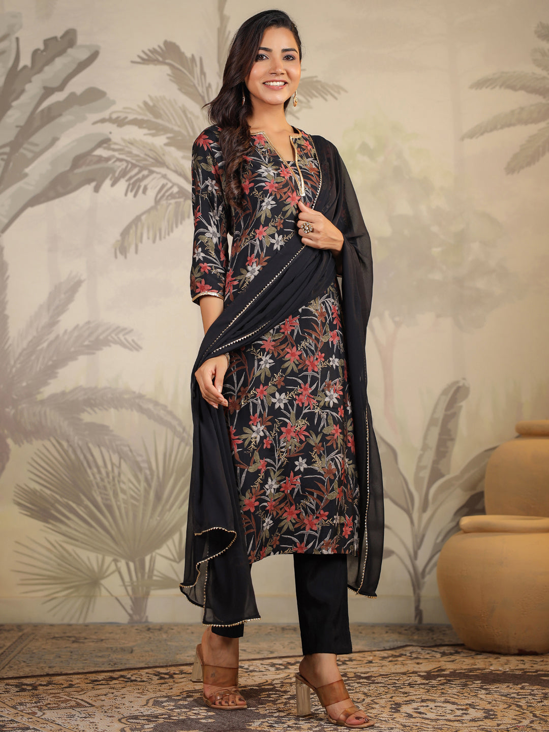 Black All-Over Chanderi Floral Straight Kurta Set