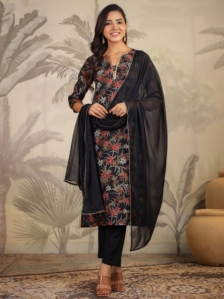 Black All-Over Chanderi Floral Straight Kurta Set