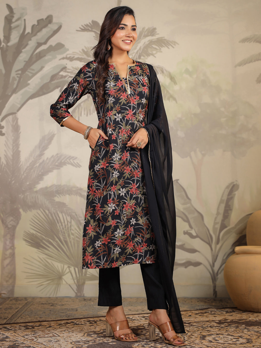 Black All-Over Chanderi Floral Straight Kurta Set