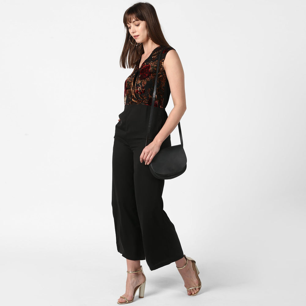 Black-And-Red-Polyester-Flocking-Print-Jumpsuit