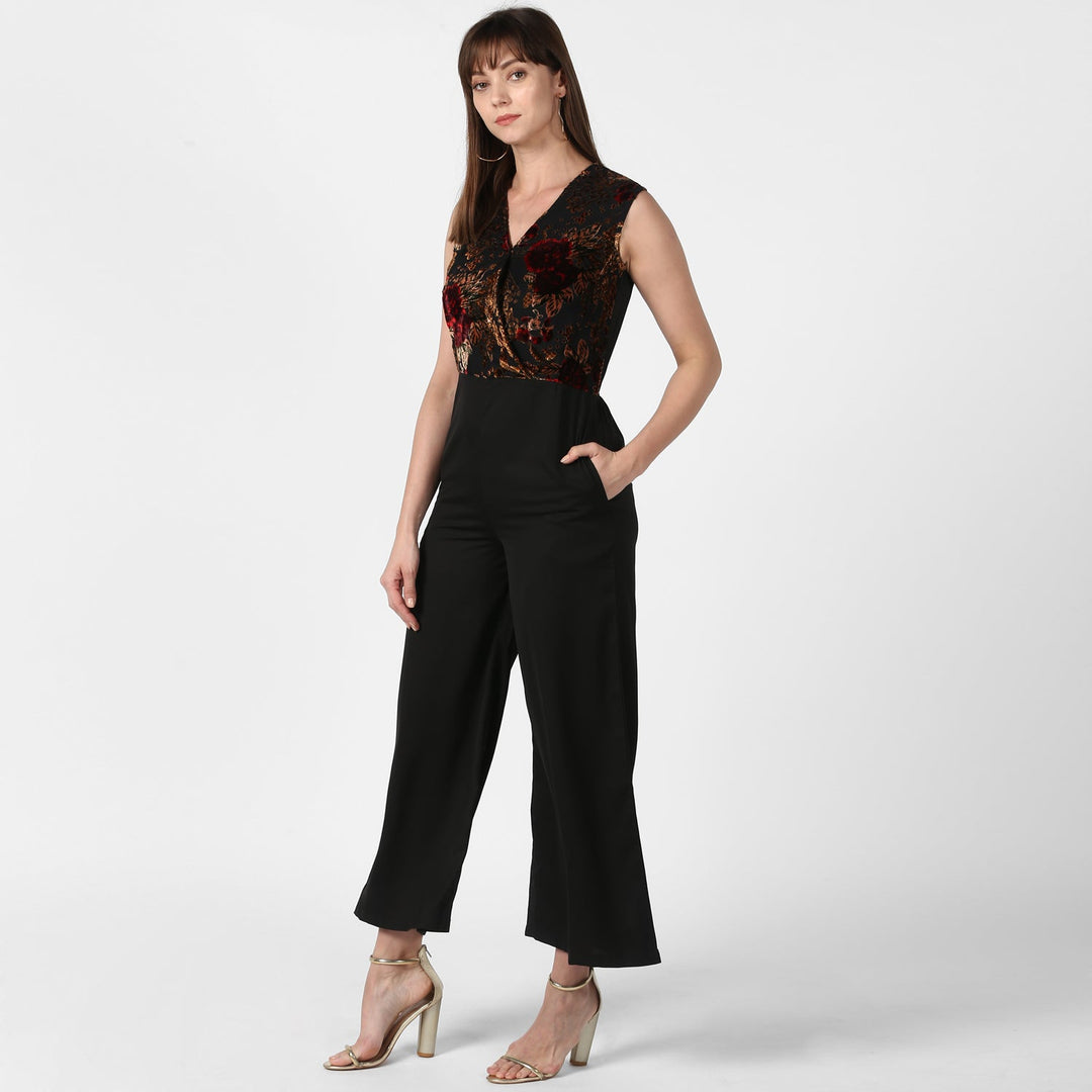 Black-And-Red-Polyester-Flocking-Print-Jumpsuit