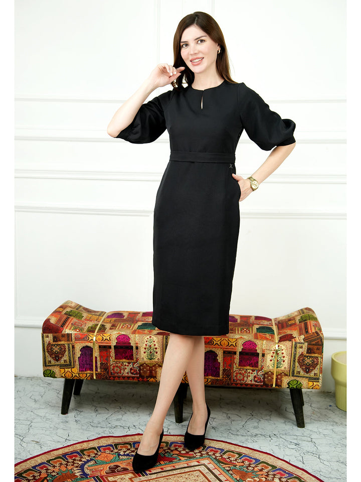 Black-Blended-Fabric-Bright-Low-3/4-Puff-Sleeve-Dress