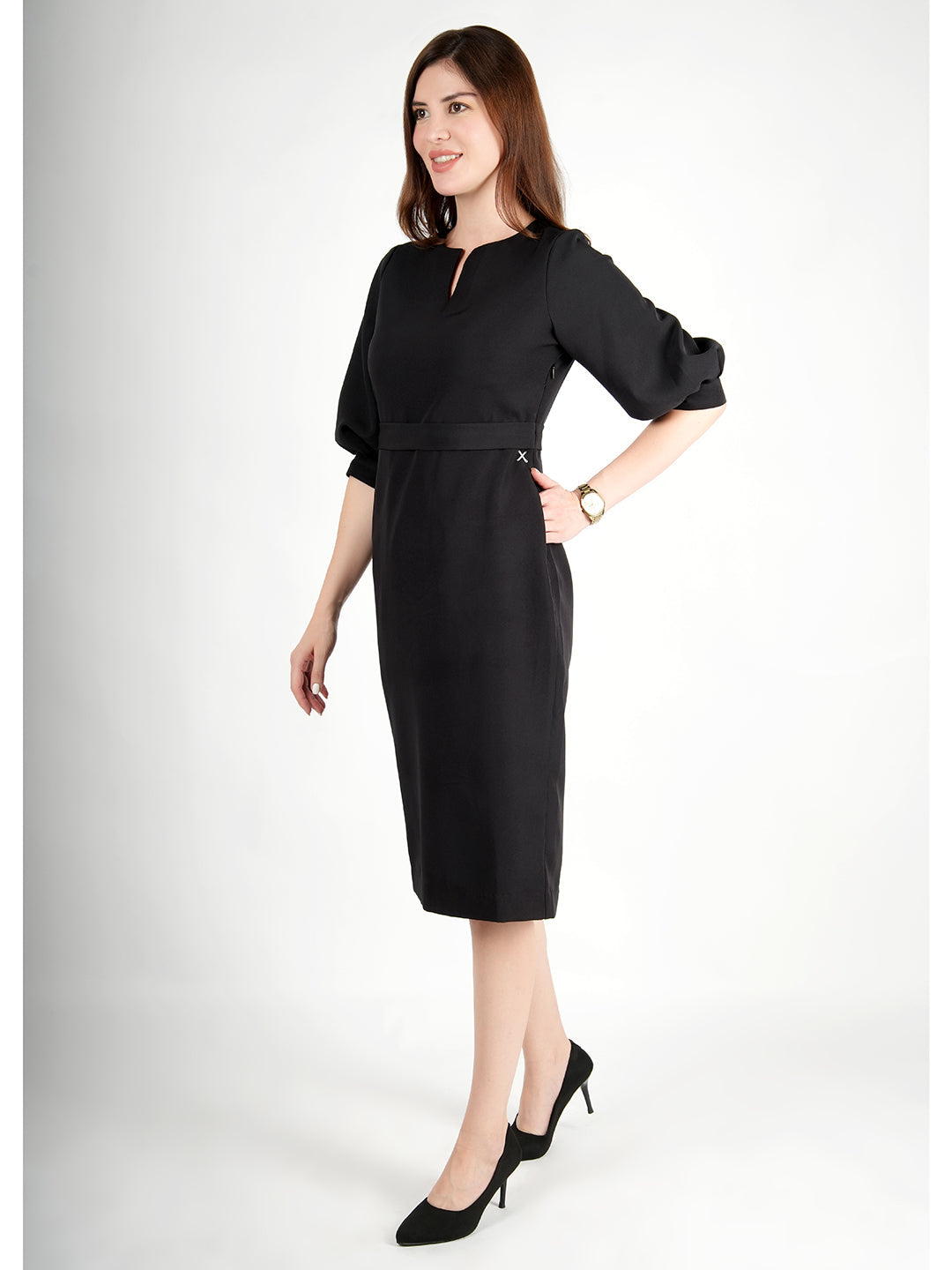 Black-Blended-Fabric-Bright-Low-3/4-Puff-Sleeve-Dress