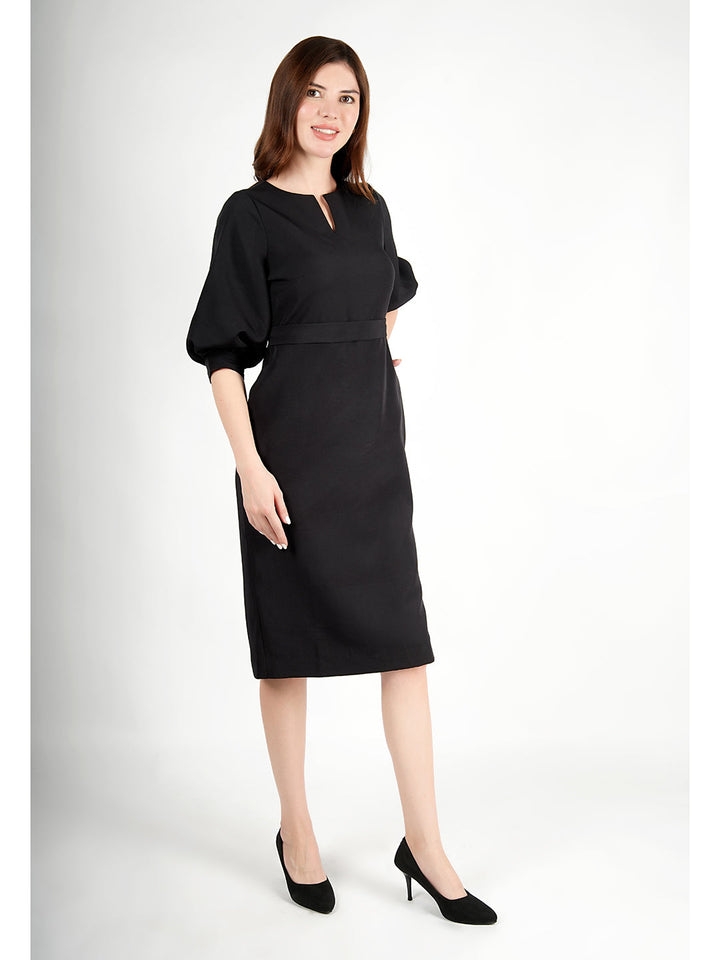 Black-Blended-Fabric-Bright-Low-3/4-Puff-Sleeve-Dress