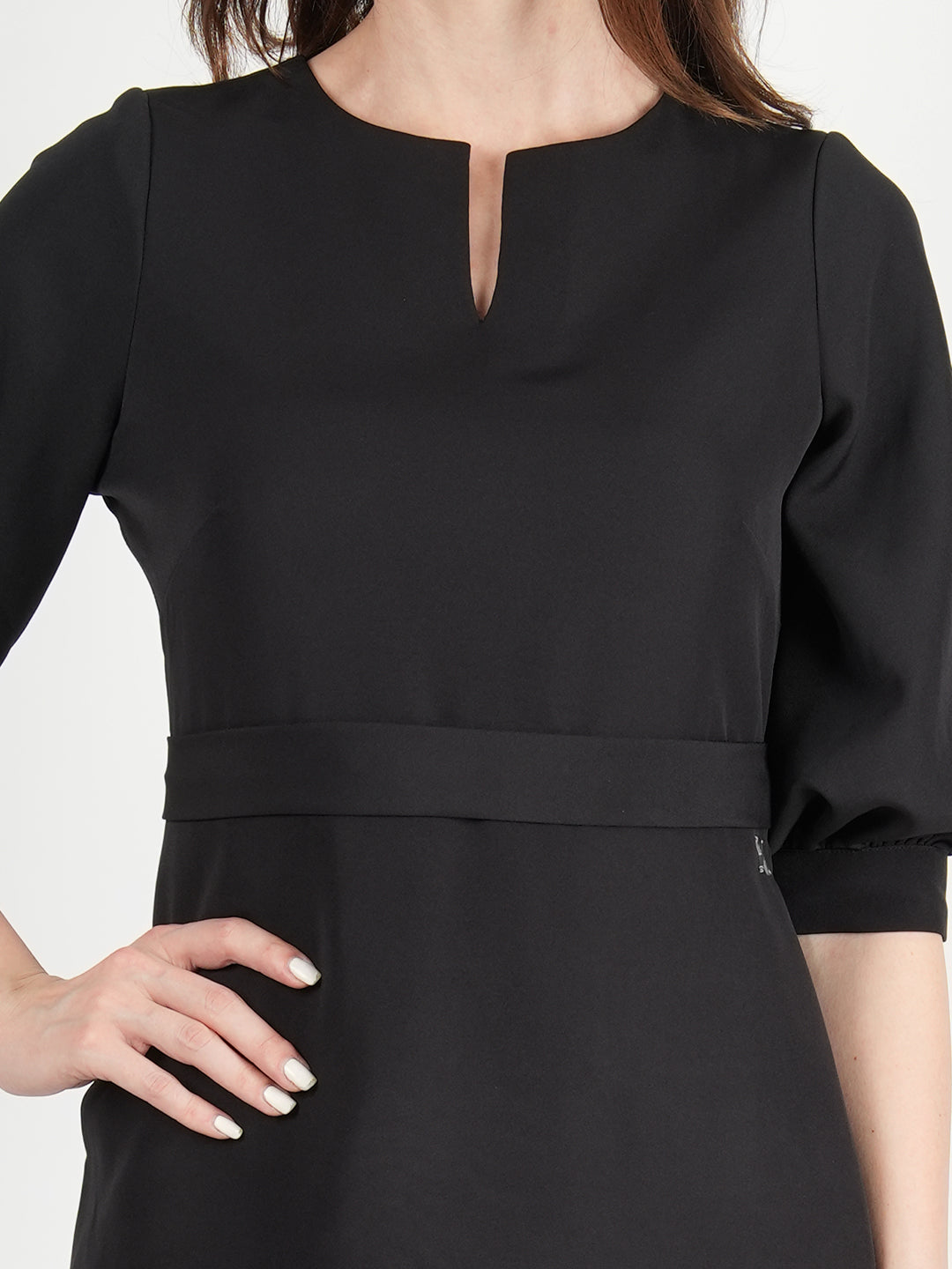 Black-Blended-Fabric-Bright-Low-3/4-Puff-Sleeve-Dress