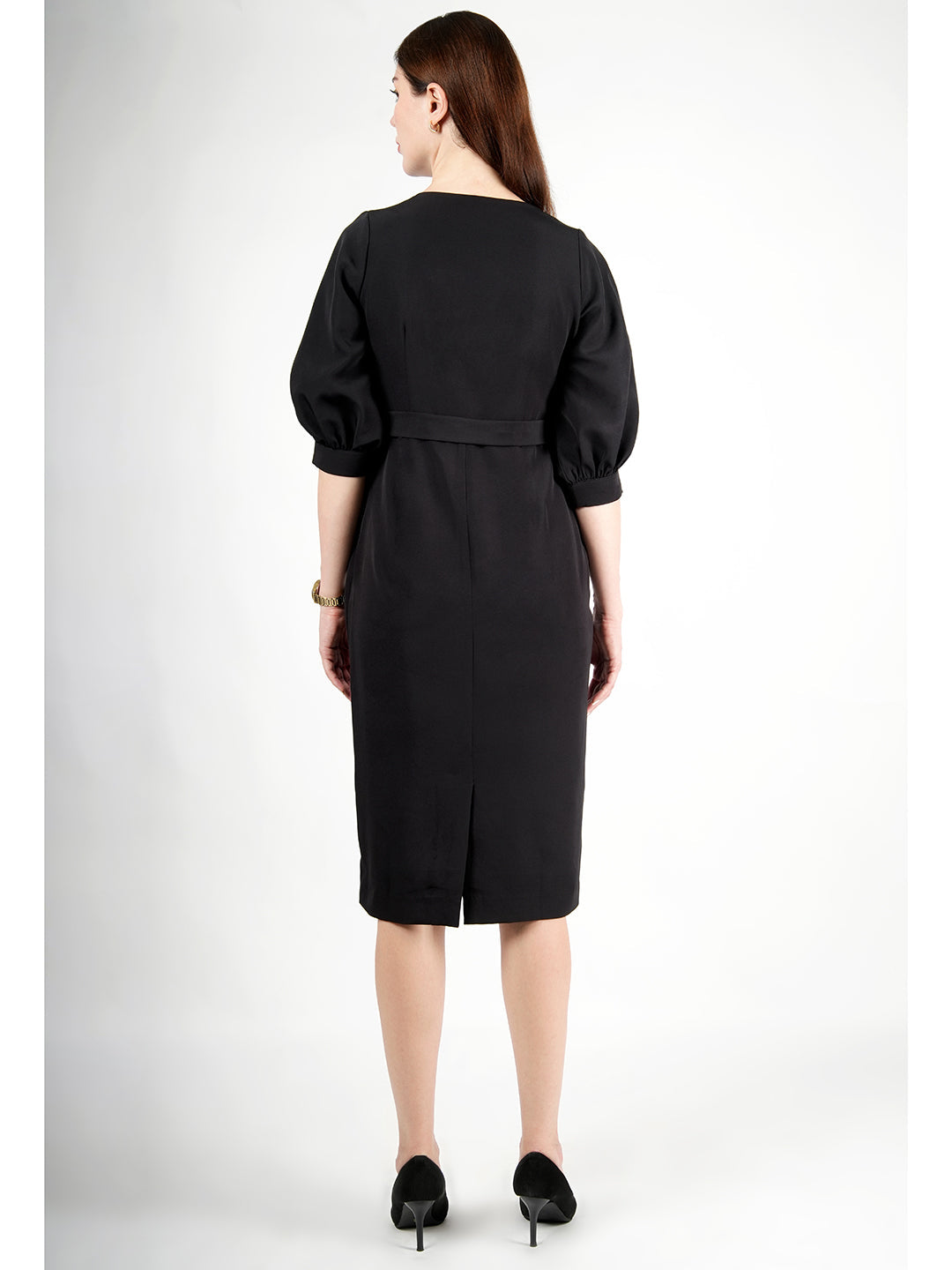 Black-Blended-Fabric-Bright-Low-3/4-Puff-Sleeve-Dress