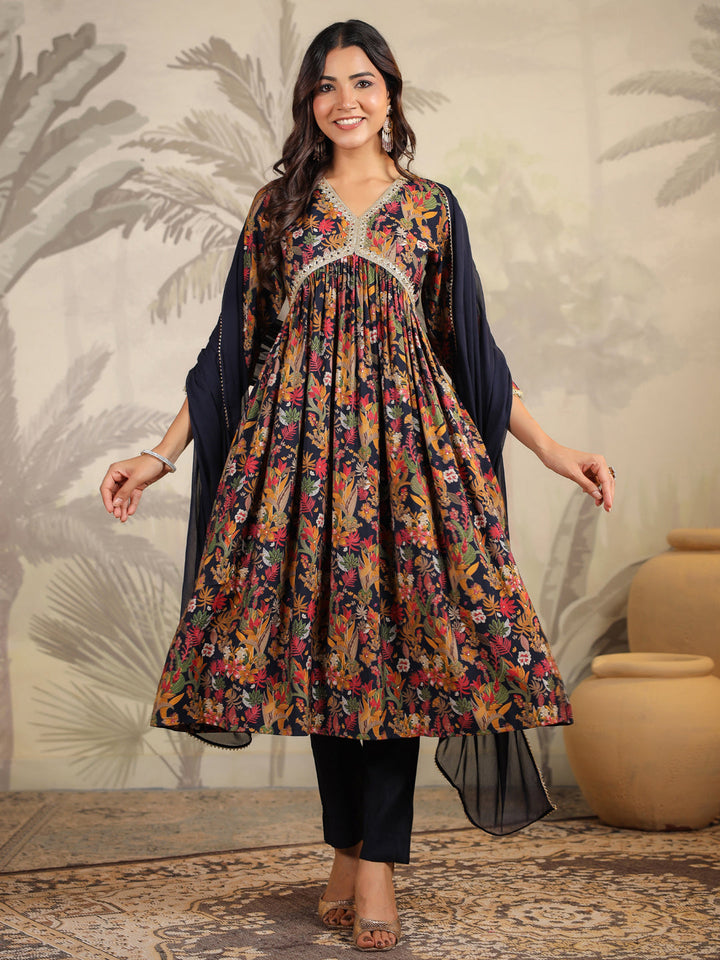 Black Chanderi All-Over Floral A-Line Kurta Set