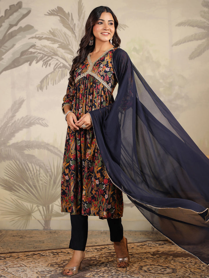 Black Chanderi All-Over Floral A-Line Kurta Set