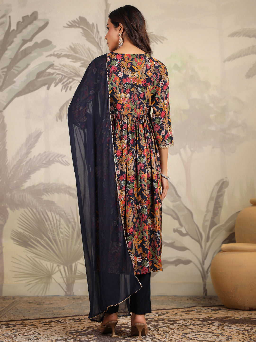 Black Chanderi All-Over Floral A-Line Kurta Set