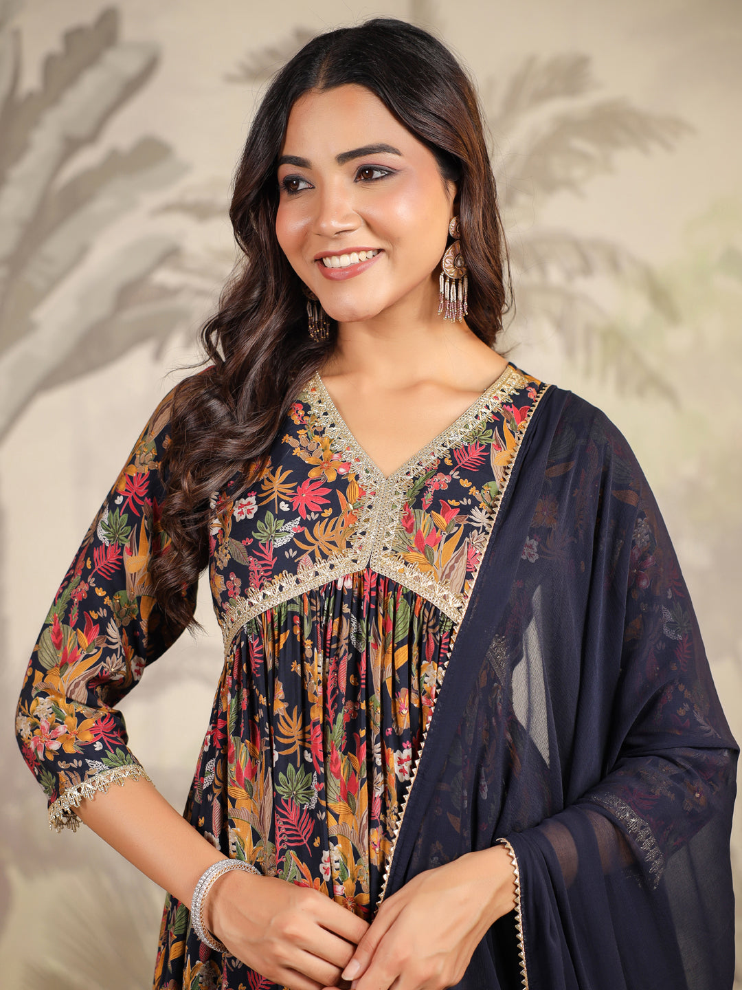 Black Chanderi All-Over Floral A-Line Kurta Set