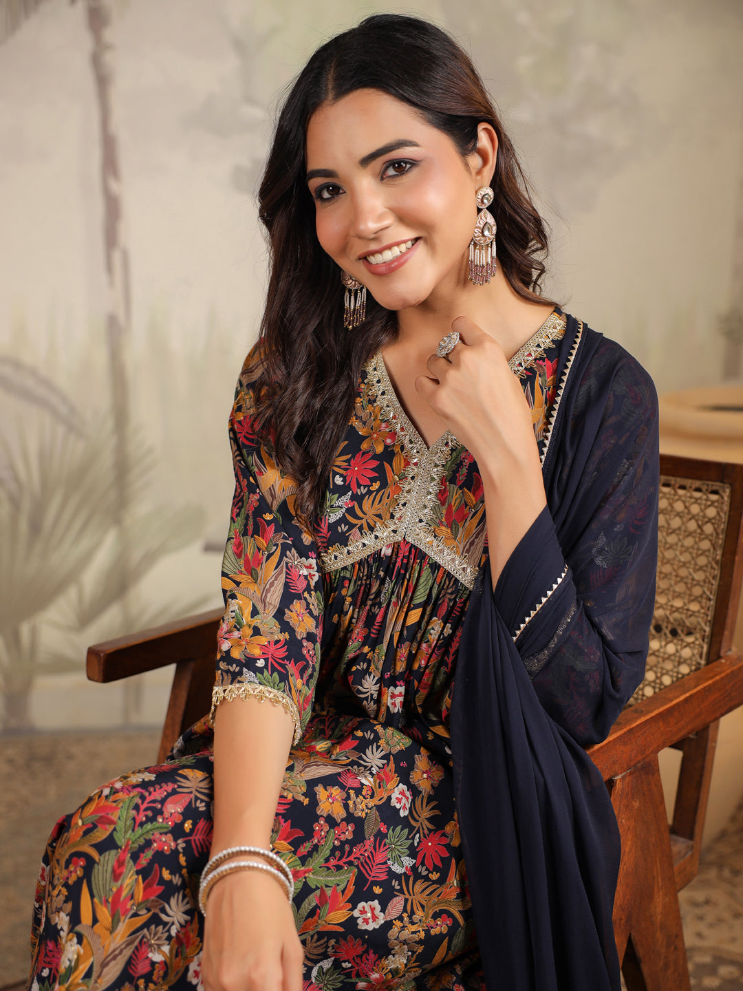 Black Chanderi All-Over Floral A-Line Kurta Set