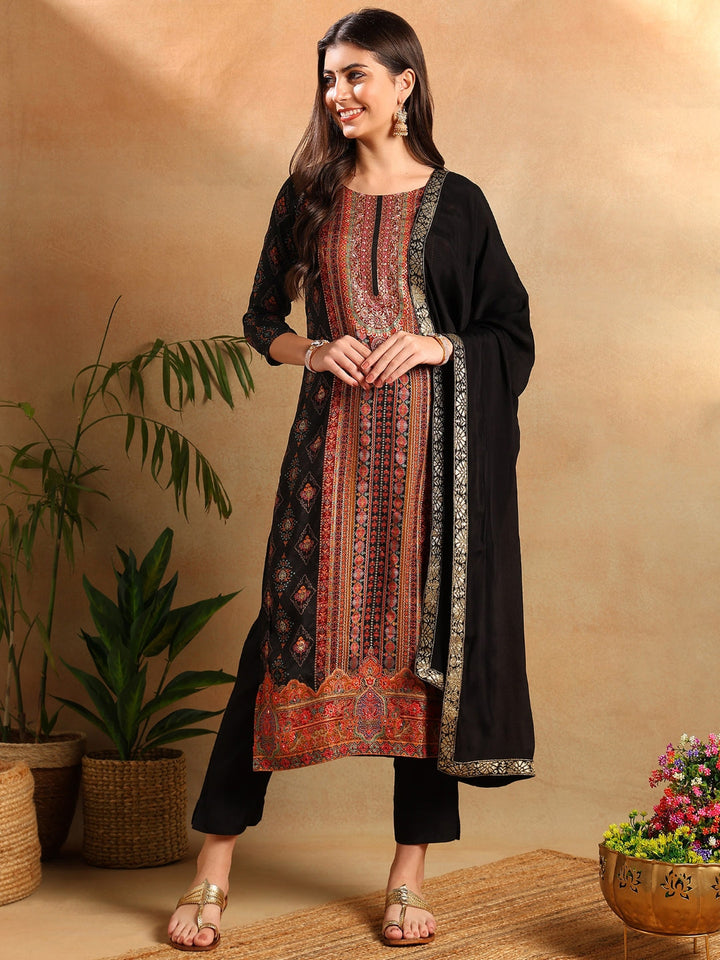 ZERESOUQ-Black-Chanderi-Ethnic-Motifs-Woven-Design-3-Piece-Kurta-Set