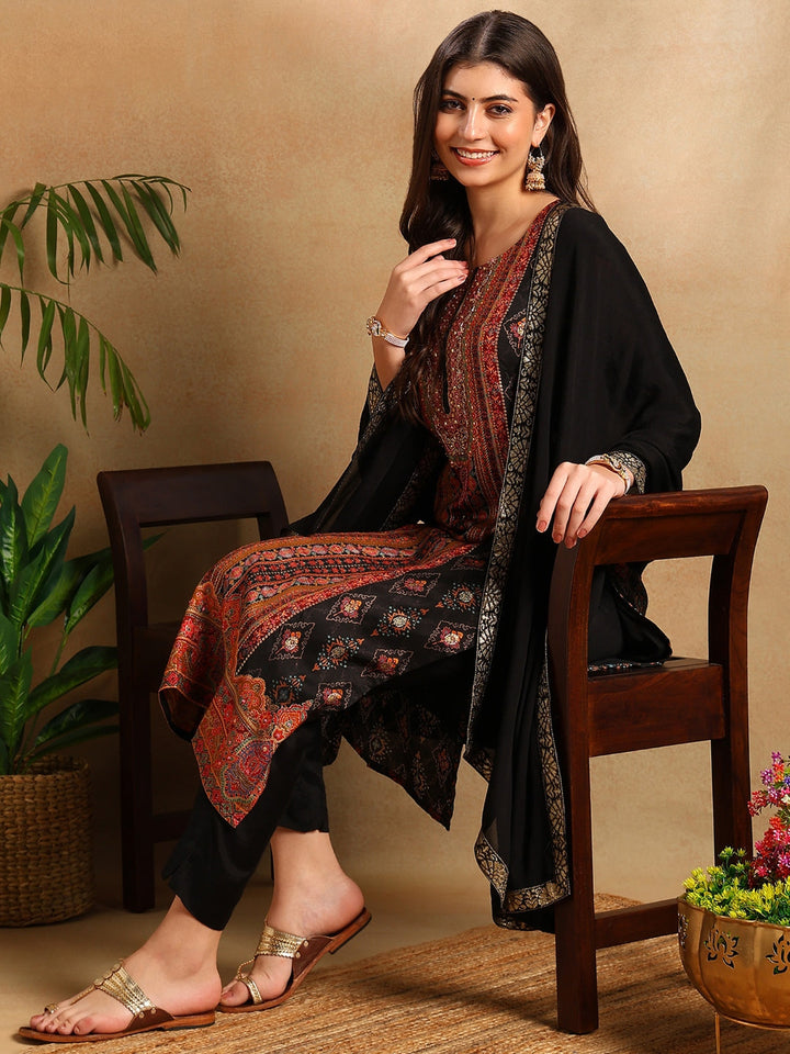 ZERESOUQ-Black-Chanderi-Ethnic-Motifs-Woven-Design-3-Piece-Kurta-Set