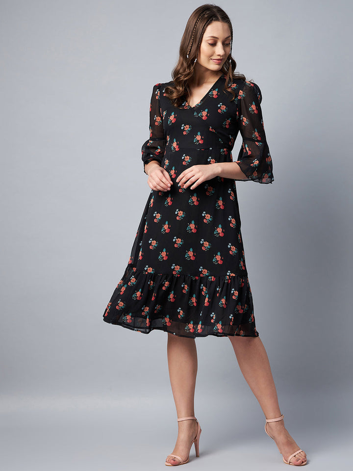 Black-Chiffon-Floral-Print-Bell-Sleeve-Dress