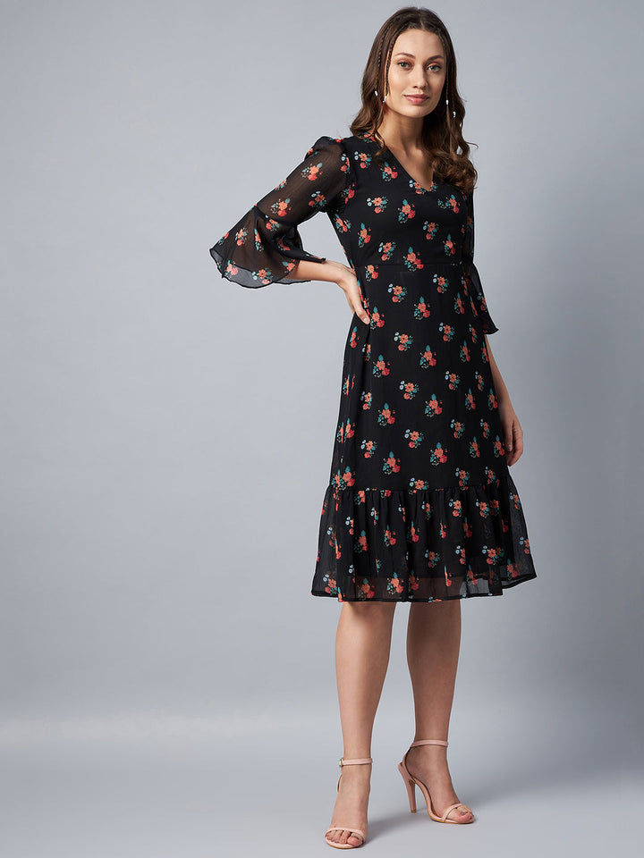 Black-Chiffon-Floral-Print-Bell-Sleeve-Dress