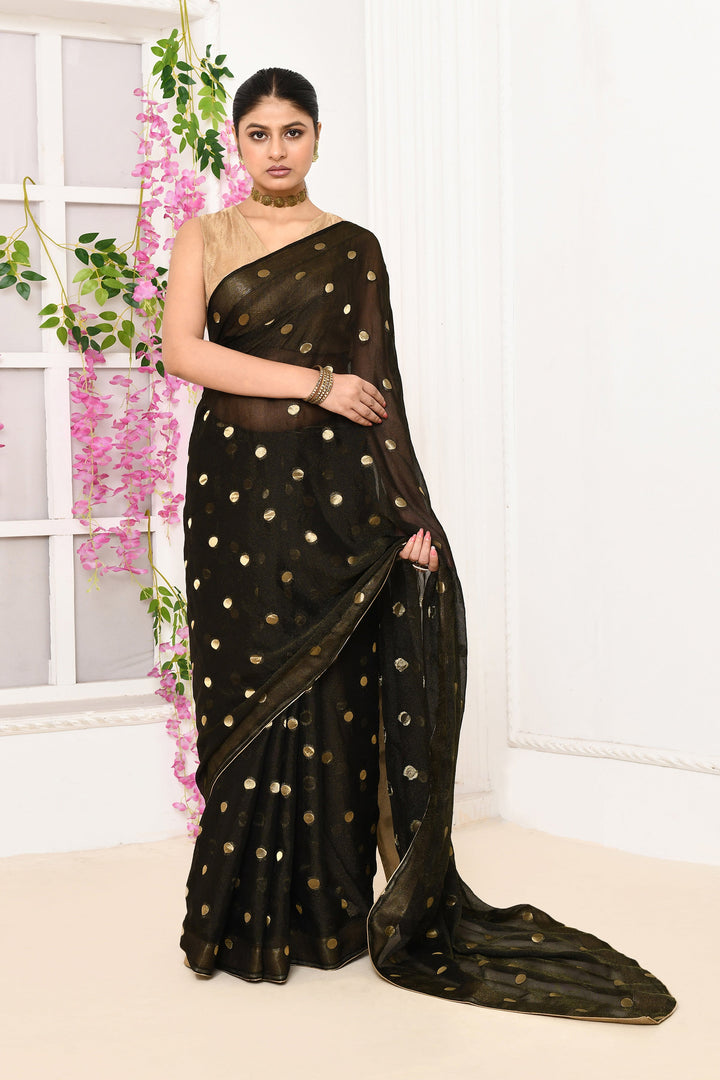 Black-Chiffon-Tissue-Saree-With-Golden-Polka-Dots