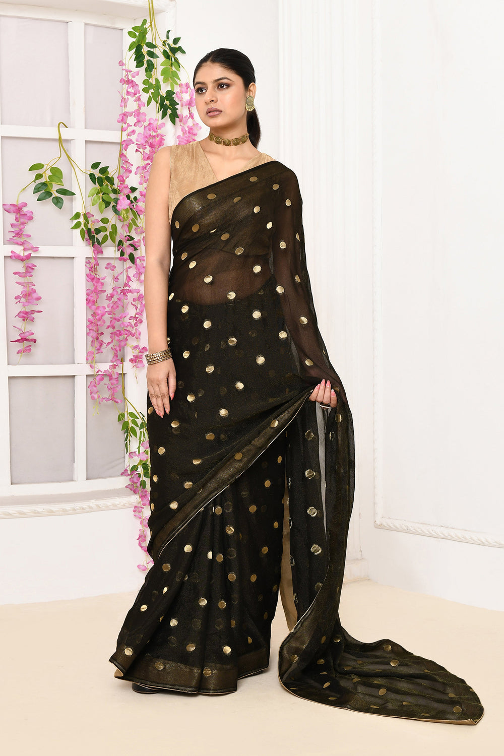 Black-Chiffon-Tissue-Saree-With-Golden-Polka-Dots