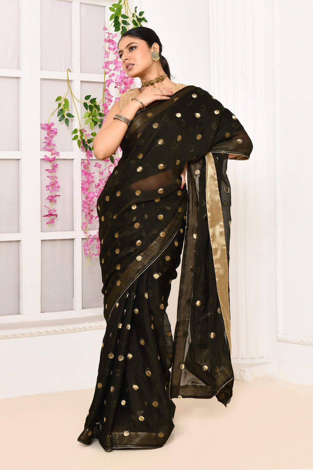 Black-Chiffon-Tissue-Saree-With-Golden-Polka-Dots