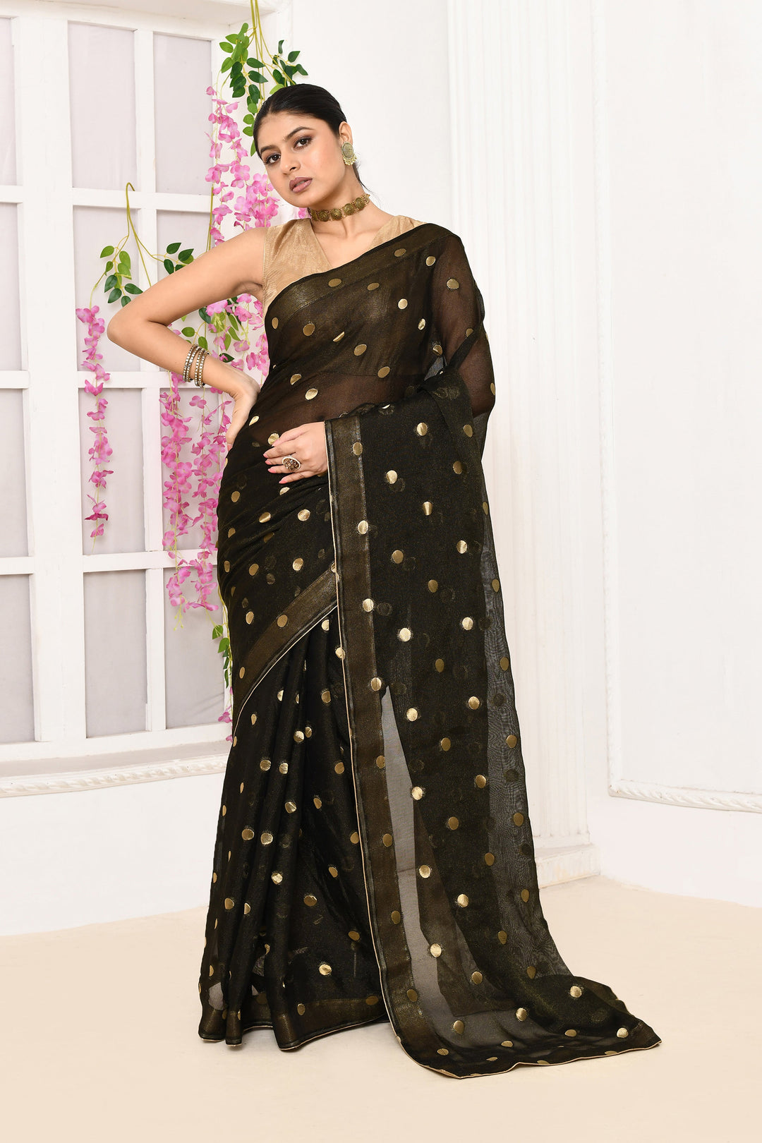 Black-Chiffon-Tissue-Saree-With-Golden-Polka-Dots