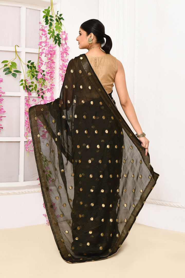 Black-Chiffon-Tissue-Saree-With-Golden-Polka-Dots