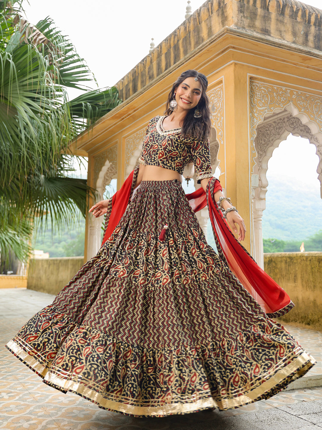 ZERESOUQ-Black-Cotton-Batik-V-Neck-Lehenga-Set