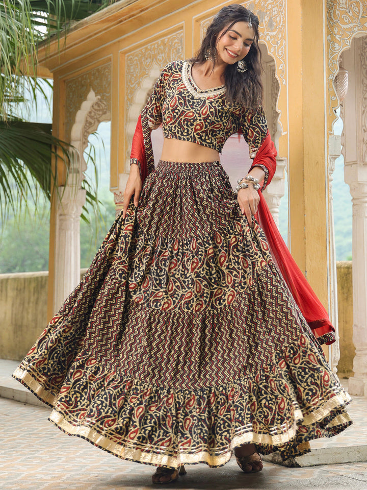 Black-Cotton-Batik-V-Neck-Lehenga-Set