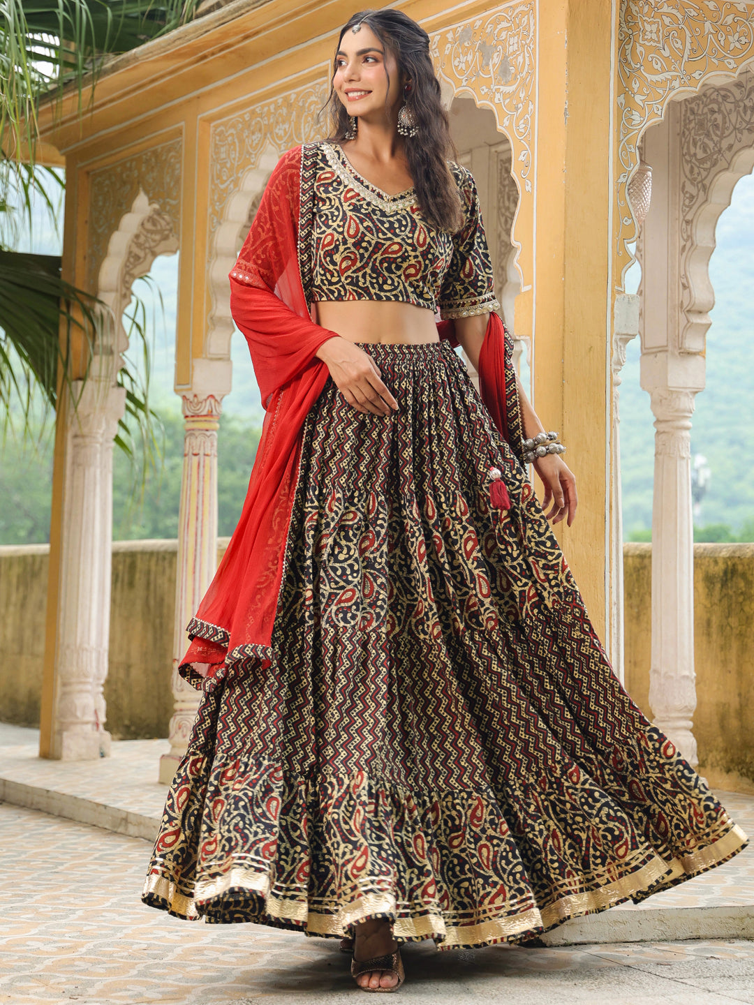 Black-Cotton-Batik-V-Neck-Lehenga-Set