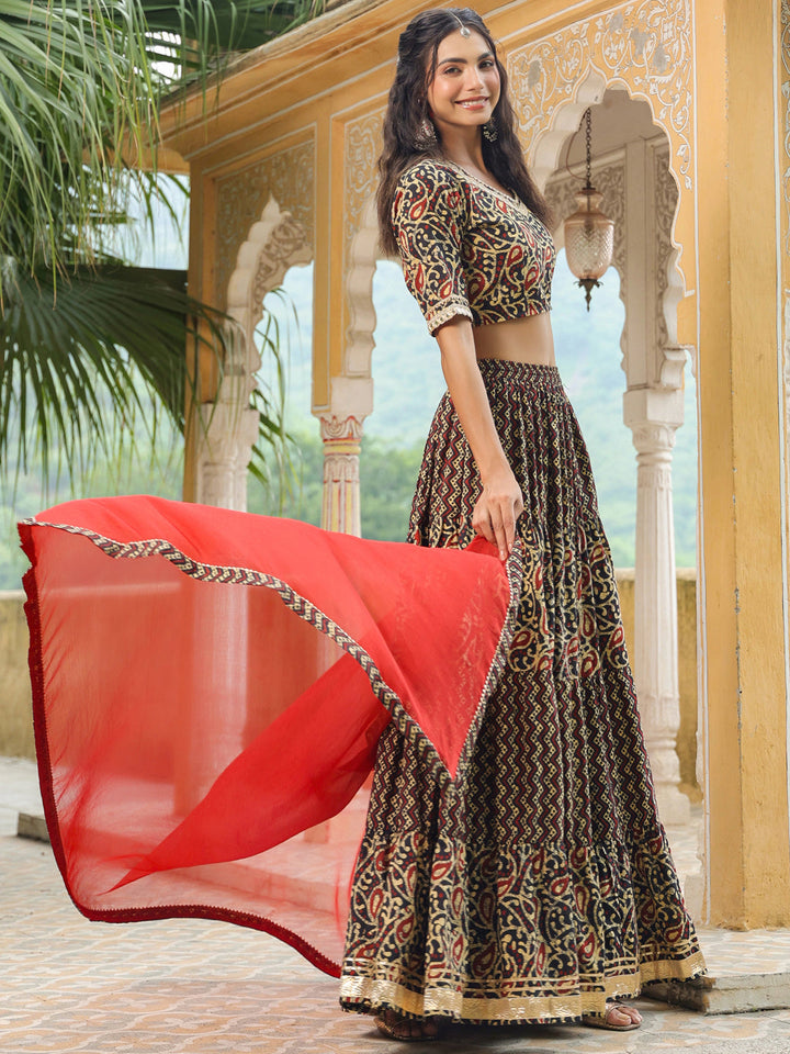 Black-Cotton-Batik-V-Neck-Lehenga-Set