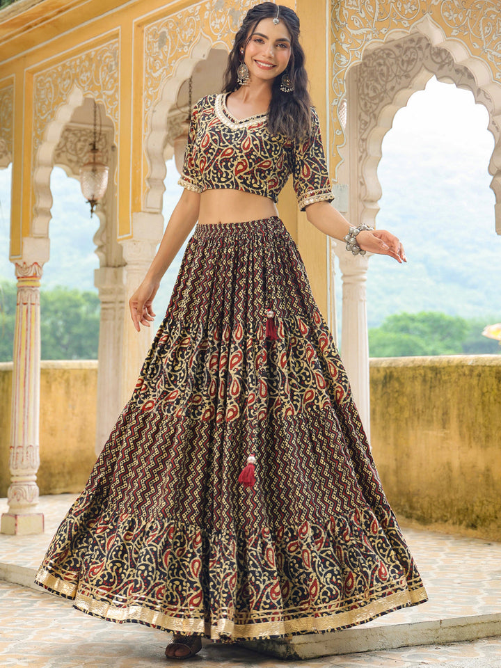 Black-Cotton-Batik-V-Neck-Lehenga-Set