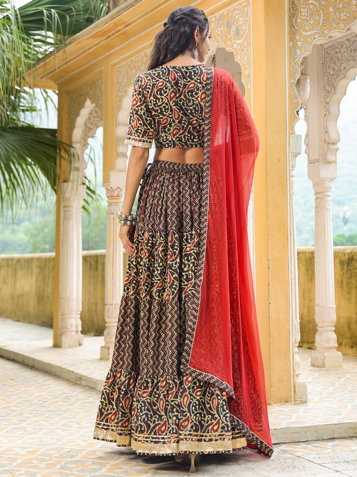 Black-Cotton-Batik-V-Neck-Lehenga-Set