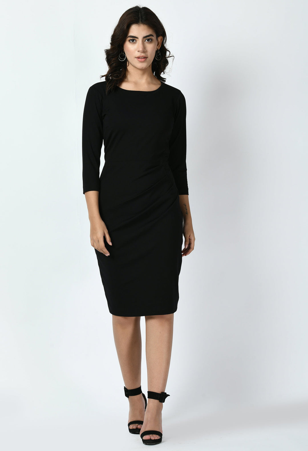 Black-Cotton-Blend-Apex-Side-Pleat-Sheath-Dress