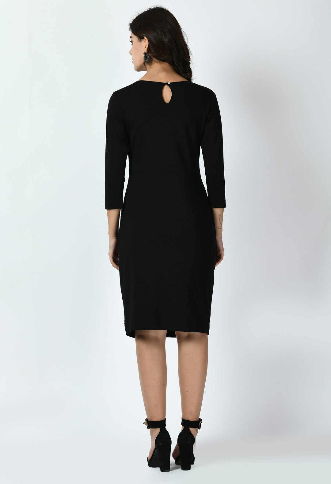 Black-Cotton-Blend-Apex-Side-Pleat-Sheath-Dress