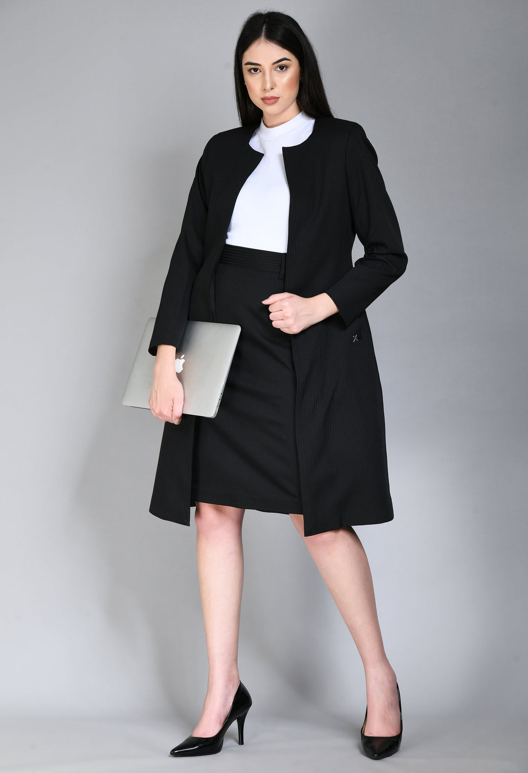 Black-Cotton-Blend-Belief-Striped-Long-Blazer-Skirt-Suit