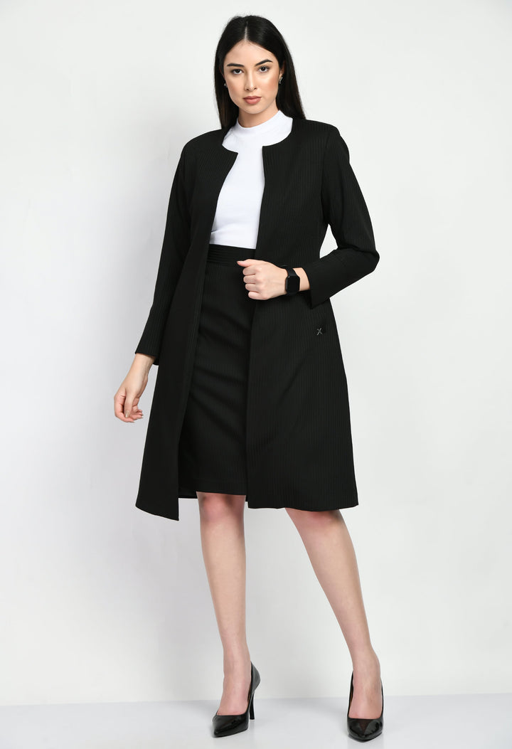 Black-Cotton-Blend-Belief-Striped-Long-Blazer-Skirt-Suit