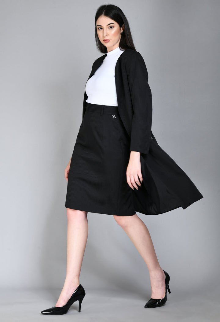 Black-Cotton-Blend-Belief-Striped-Long-Blazer-Skirt-Suit