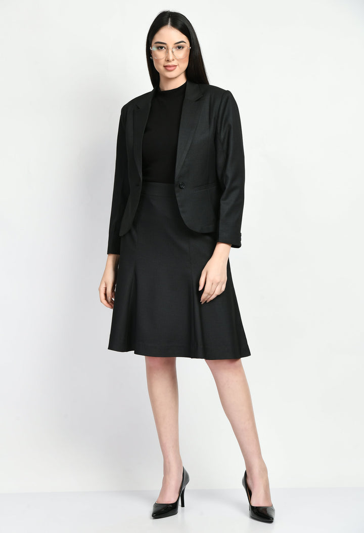 Black-Cotton-Blend-Checked-Short-Blazer-A-Line-Skirt-Suit