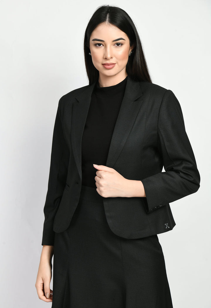 Black-Cotton-Blend-Checked-Short-Blazer-A-Line-Skirt-Suit