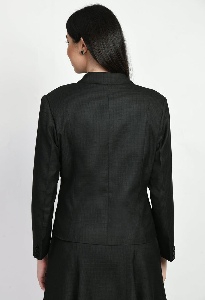 Black-Cotton-Blend-Checked-Short-Blazer-A-Line-Skirt-Suit