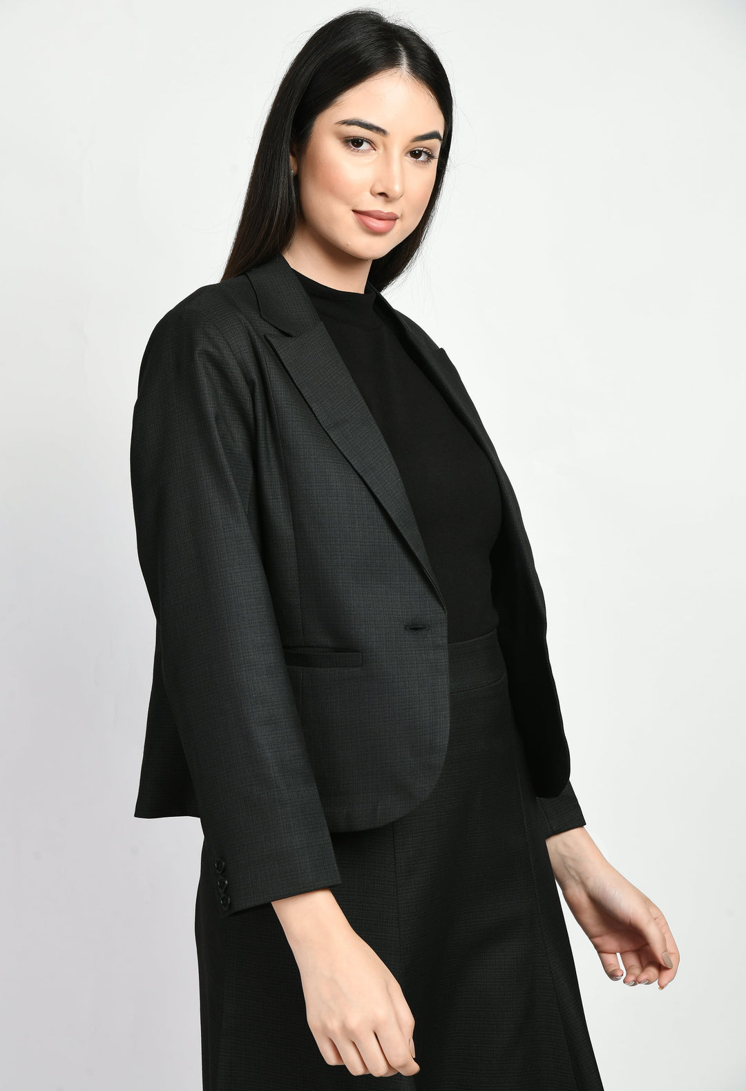 Black-Cotton-Blend-Checked-Single-Breasted-Short-Blazer