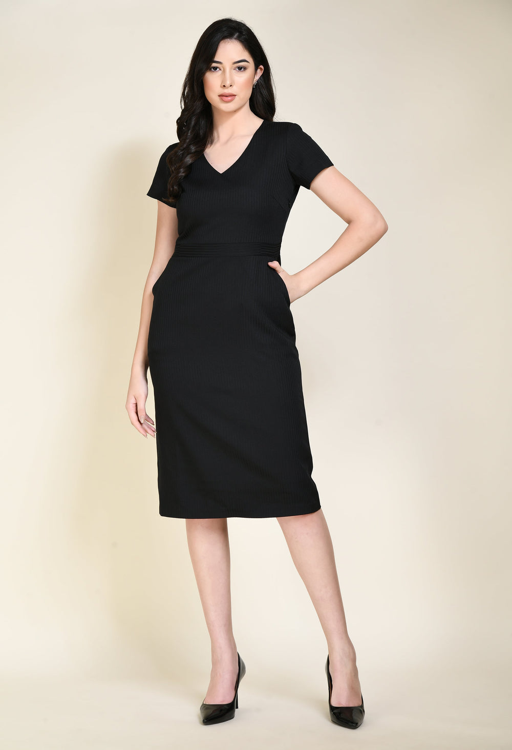 Black-Cotton-Blend-Composure-Sheath-Dress