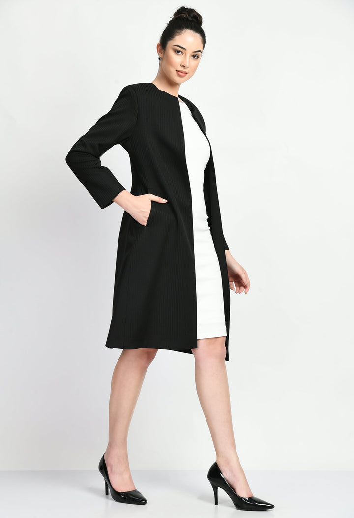 Black-Cotton-Blend-Confidence-Striped-Long-Blazer