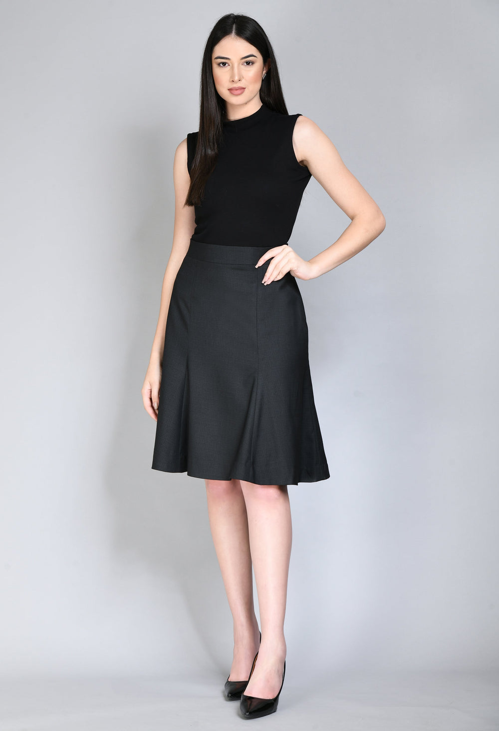 Black-Cotton-Blend-Decisiveness-Checked-A-Line-Skirt