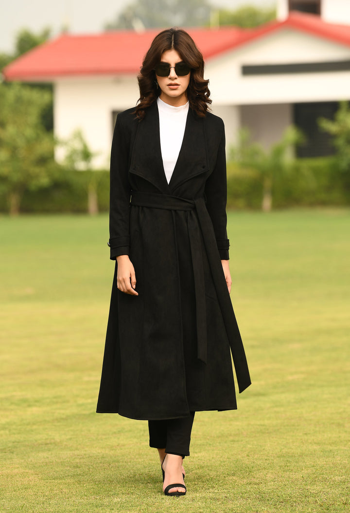 Black-Cotton-Blend-Dedication-Suede-Leather-Long-Wrap-Coat