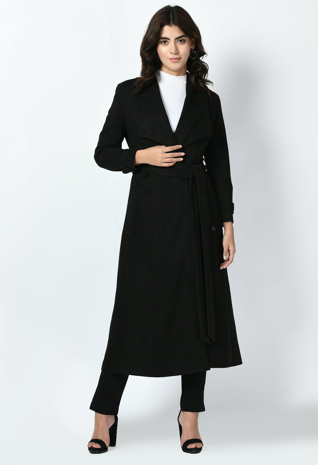 Black-Cotton-Blend-Dedication-Suede-Leather-Long-Wrap-Coat