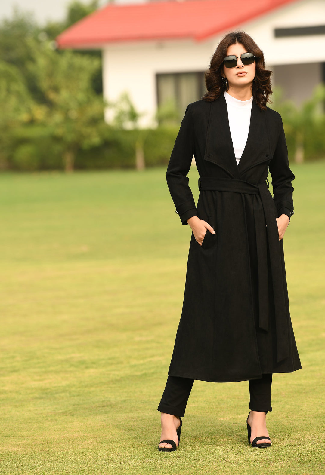 Black-Cotton-Blend-Dedication-Suede-Leather-Long-Wrap-Coat