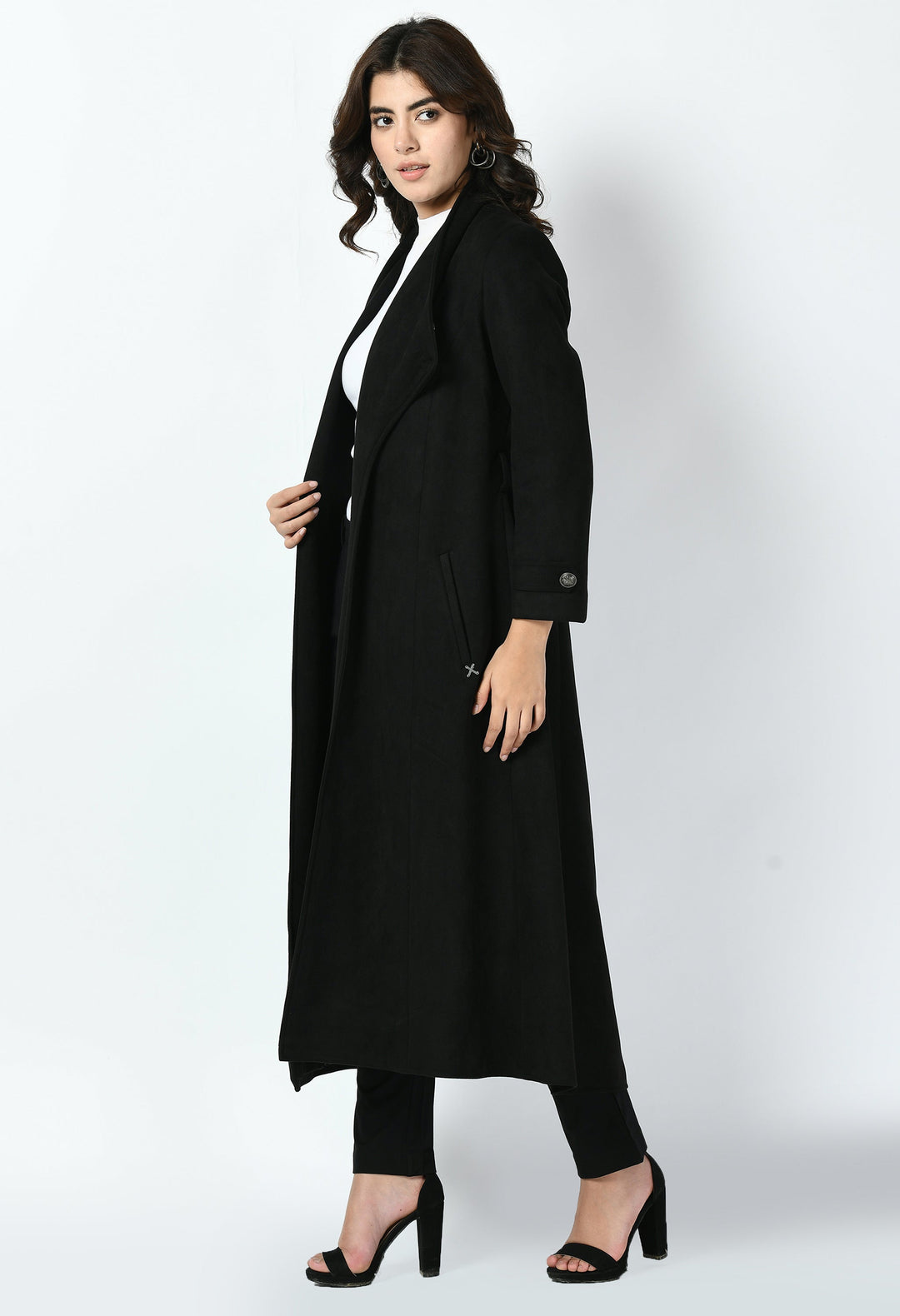 Black-Cotton-Blend-Dedication-Suede-Leather-Long-Wrap-Coat