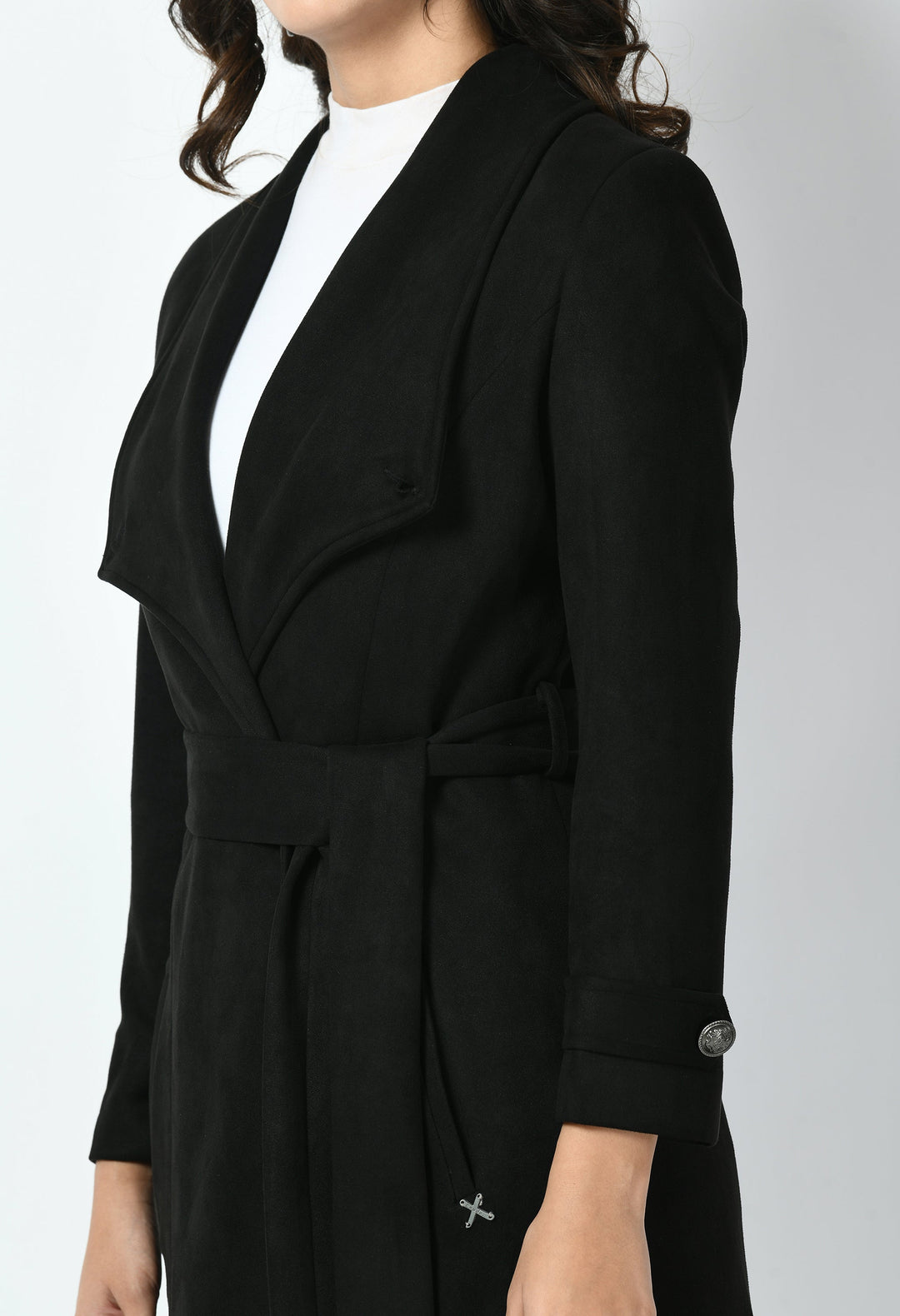 Black-Cotton-Blend-Dedication-Suede-Leather-Long-Wrap-Coat