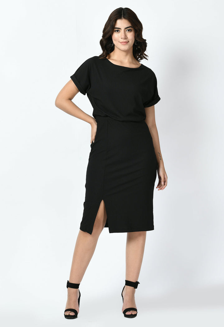 Black-Cotton-Blend-Enigma-Ribbed-Blouson-Dress